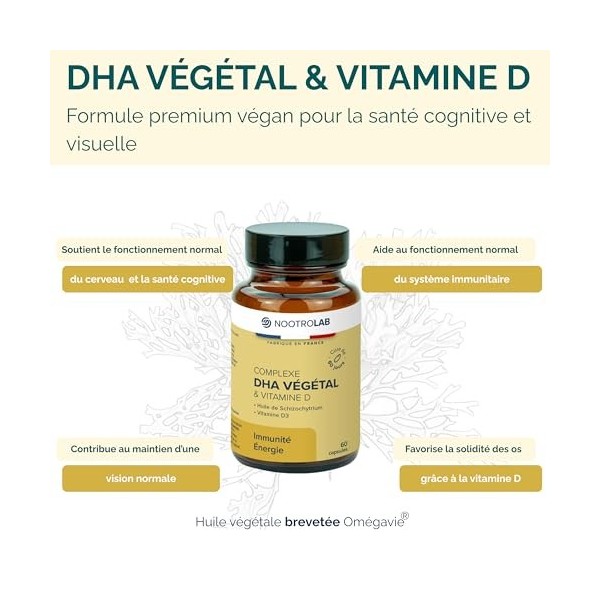 DHA Végétal & Vitamine D – Oméga 3 issu d’algue Schizochytrium – Soutien Cerveau, Vision & Immunité – 60 Capsules Végétales –