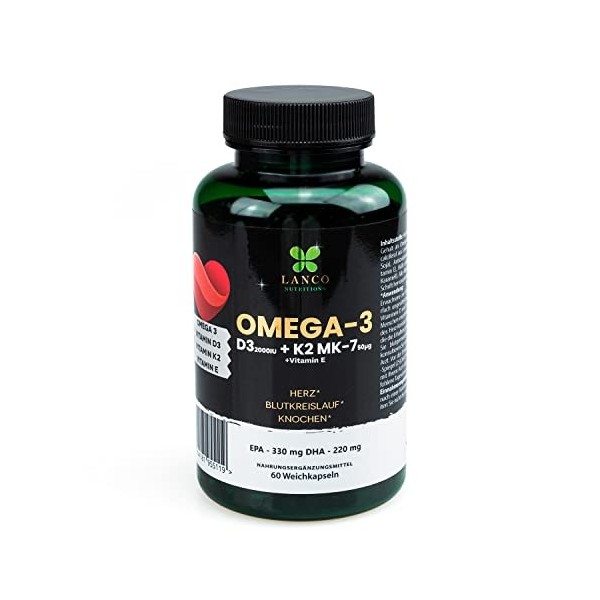 Lanco Nutritions Oméga 3 + D3 + K2 Oméga-3 Capsules dacides 60 pièces.