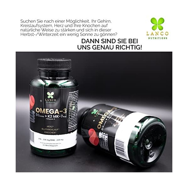 Lanco Nutritions Oméga 3 + D3 + K2 Oméga-3 Capsules dacides 60 pièces.