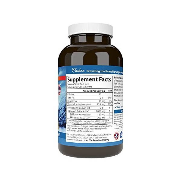 Carlson Labs - Norvégien EcoSmart Omega - 3 aromatisé au citron 500 mg. - 180 Softgels, anciennement CalaOmega High DHA Omega...