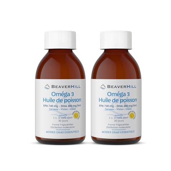 Pack x 2 Oméga-3 Huile de petits poissons sauvages | BEAVERHILL | Haute concentration en EPA 740 mg et DHA 460 mg | 2 Flacons