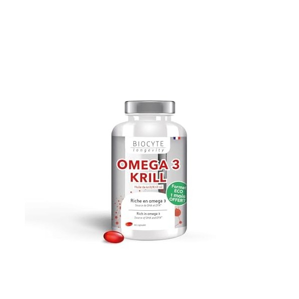 BIOCYTE Oméga 3 Krill - Vision & Fonction Cardiaque Normale - Huile de Krill, Riche En Omega 3 - Programme de 3 Mois Oméga-3