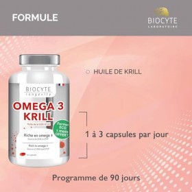 BIOCYTE Oméga 3 Krill - Vision & Fonction Cardiaque Normale - Huile de Krill, Riche En Omega 3 - Programme de 3 Mois Oméga-3