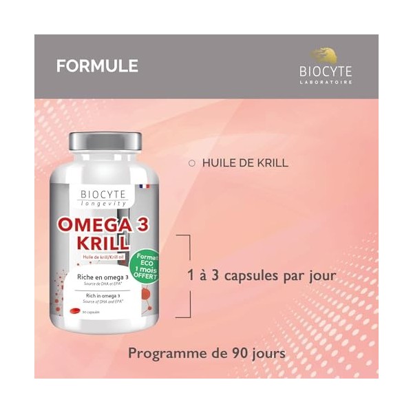 BIOCYTE Oméga 3 Krill - Vision & Fonction Cardiaque Normale - Huile de Krill, Riche En Omega 3 - Programme de 3 Mois Oméga-3