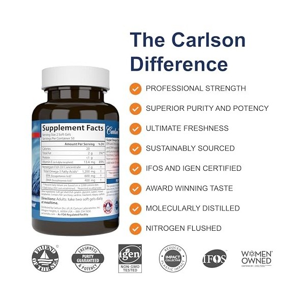 Carlson Labs - Gemmes superbes3 de Omega- dans la gélatine mg 500 de poissons. - 130Gélules Oméga-3