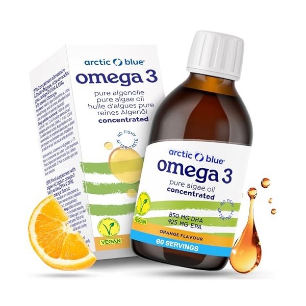 Arctic Blue Oméga-3 Végétal Huile Liquide 150 ml — Orange — 850 mg de DHA + 425 mg d’EPA par Dose 2,5 ml — Huile de Microal