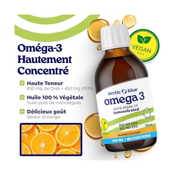 Arctic Blue Oméga-3 Végétal Huile Liquide 150 ml — Orange — 850 mg de DHA + 425 mg d’EPA par Dose 2,5 ml — Huile de Microal