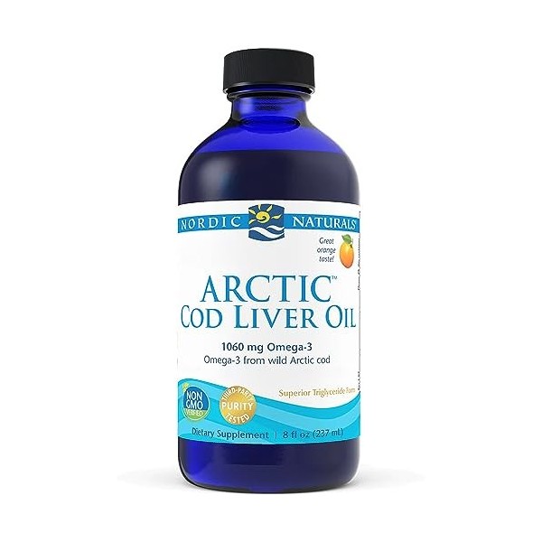 Nordic Naturals, Arctic Cod Liver Oil, 1060mg dOméga-3 dHuile de Foie de Morue, avec EPA et DHA, Goût Orange, 237ml, Testé