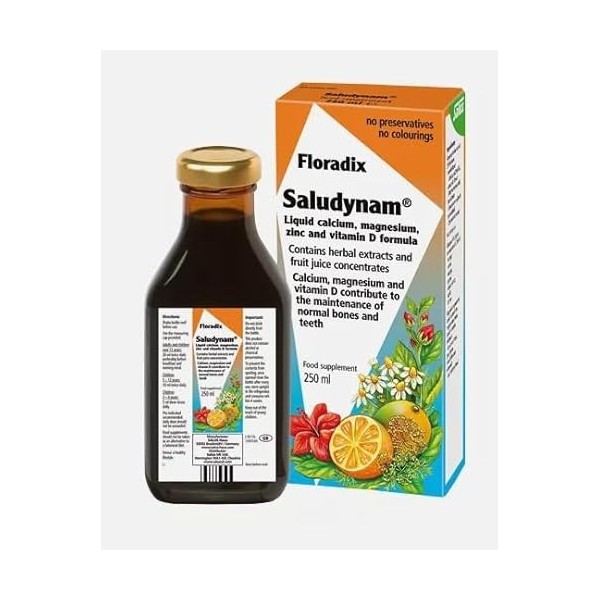 Calcium liquide Saludynam, formule magnésium, zinc et vitamine D, sans gluten, sans lactose, 3 x 250 ml, lot de 3, 750 ml au 