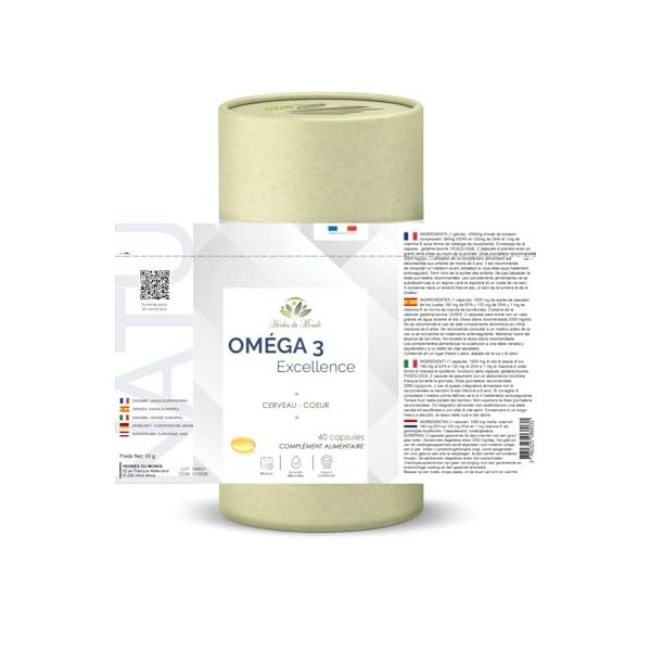 Herbes du Monde - Omega 3 Excellence : 40 Capsules dHuile de Poisson - DHA/EPA, Absorption Optimale, Source Durable, 100% Om ...