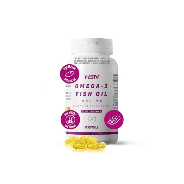 Huile de Poisson Oméga 3 de HSN |1000mg par Softgel |18% EPA Acide Éicosapentaénoïque EPA et 12% DHA Acide Docosahexaénoïq Om...