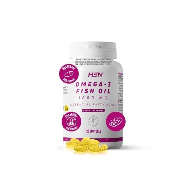 Huile de Poisson Oméga 3 de HSN |1000mg par Softgel |18% EPA Acide Éicosapentaénoïque EPA et 12% DHA Acide Docosahexaénoïq Om...