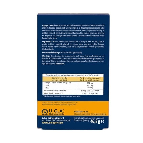 Gélules Omegor Kids | 250 mg doméga-3 DHA pour les enfants | Gélules molles exquises à croquer, créées à partir de gélatine 