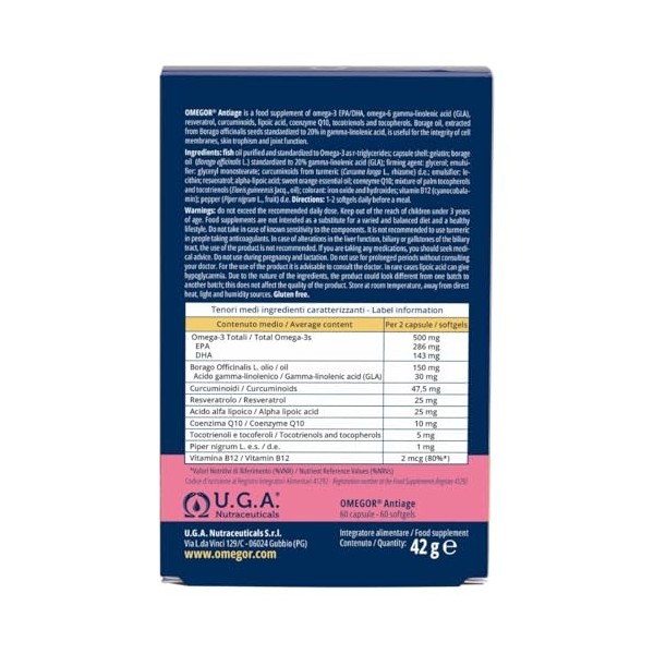 OMEGOR Antiage avec Oméga 3 et 6 - Supplément antioxydant pour la peau contre les signes du vieillissement avec Coenzyme Q10,