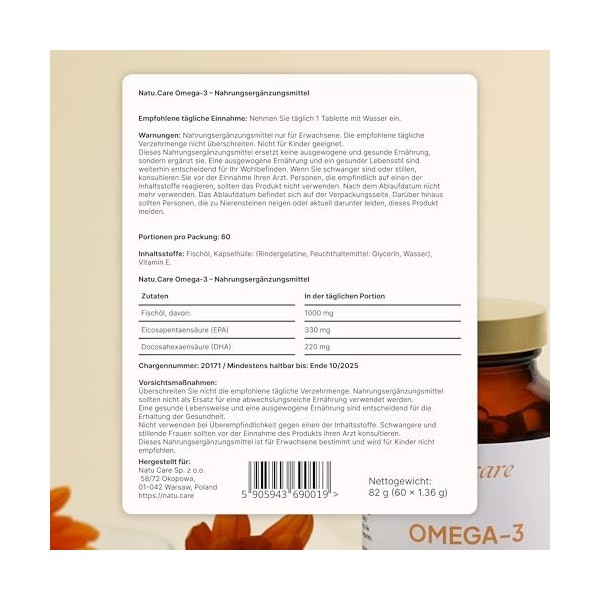 natu.care - Omega 3-60 gélules - Acides gras hautement dosés EPA & DHA 550 mg - Huile de poisson - Sous forme de triglycéri