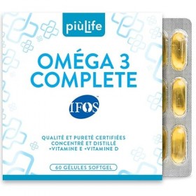 Omega 3 IFOS 5 étoiles Certifié Avec Vitamine D3 2000 UI Et E PiùLife, 60 Softgels, Huile De Poisson Omega 3 DHA EPA 2000 mg 