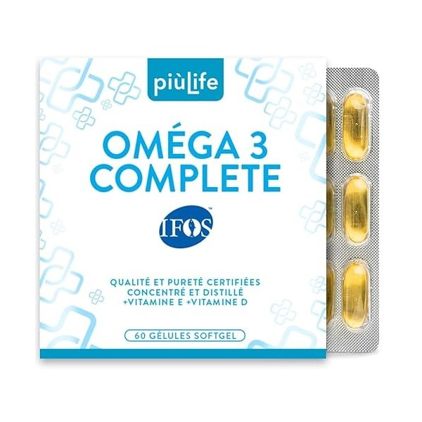 Omega 3 IFOS 5 étoiles Certifié Avec Vitamine D3 2000 UI Et E PiùLife, 60 Softgels, Huile De Poisson Omega 3 DHA EPA 2000 mg