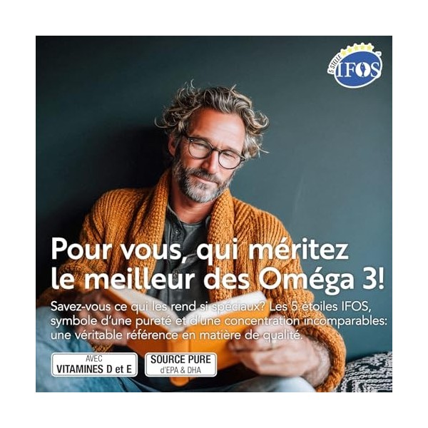 Omega 3 IFOS 5 étoiles Certifié Avec Vitamine D3 2000 UI Et E PiùLife, 60 Softgels, Huile De Poisson Omega 3 DHA EPA 2000 mg