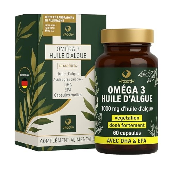 VITACTIV Omega 3 Lot de 60 gélules dhuile dalgues – Marines Omega 3 végétalien – Hautement dosées avec 1000 mg dhuile de m