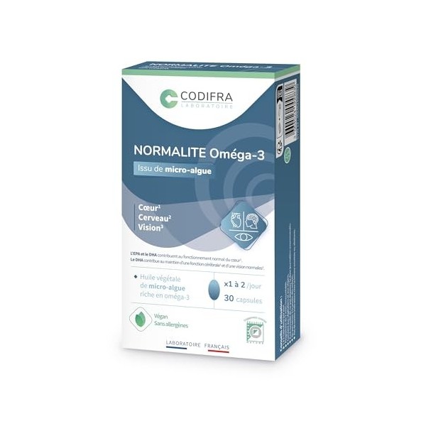 CODIFRA | Normalite Oméga-3 30 Capsules | DHA 250 mg + EPA 50 mg | Huile de Micro-Algue | Cœur, Vision & Cerveau | Vegan