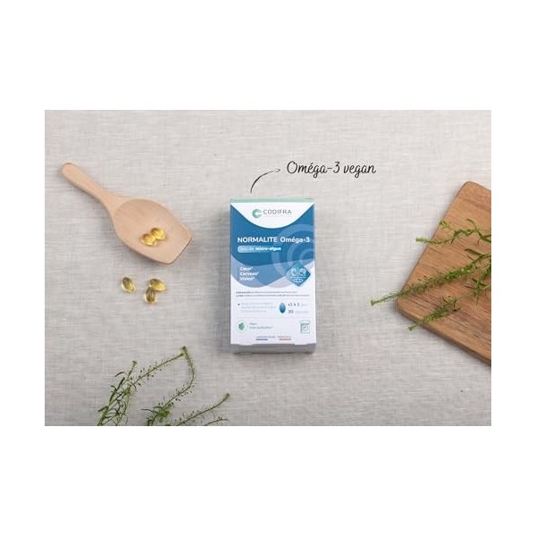 CODIFRA | Normalite Oméga-3 30 Capsules | DHA 250 mg + EPA 50 mg | Huile de Micro-Algue | Cœur, Vision & Cerveau | Vegan