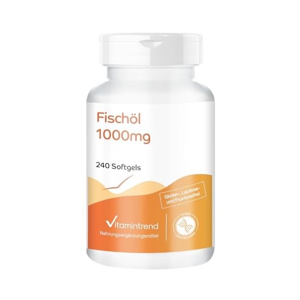 Capsules dhuile de poisson - Oméga 3-240 softgels - 3000mg dhuile de poisson par dose journalière - avec EPA et DHA - haute