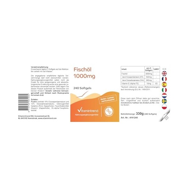 Capsules dhuile de poisson - Oméga 3-240 softgels - 3000mg dhuile de poisson par dose journalière - avec EPA et DHA - haute