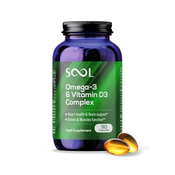 SOOL Omega 3 & Vitamine D3 Complexe en Gélules Molles, 90 Capsules I Huile de Poisson 20% EPA & 50% DHA I Fonction Cérébral