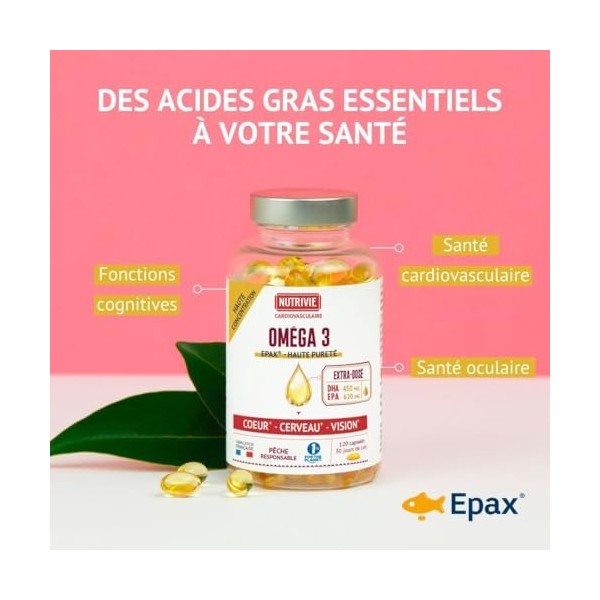 Oméga 3 EPAX - Huile de Poisson Ultra Pure et Concentrée - EPA 620 mg & DHA 450 mg - Sans odeur - 120 gélules - Fabriqué en F