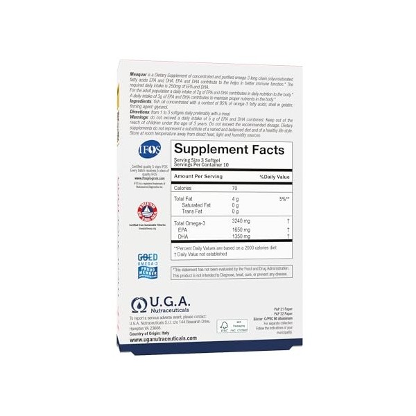 Meaquor® 1000 – avec 1000 mg dEPA et de DHA par capsule | 5 certificats IFOS pour chaque lot | 30 cps