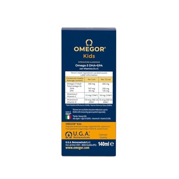 OMEGOR® Kids avec oméga-3 végétal DHA pour enfants 250 mg de DHA et 125 mg dEPA à partir dhuile dalgue | Miel et jus de fr