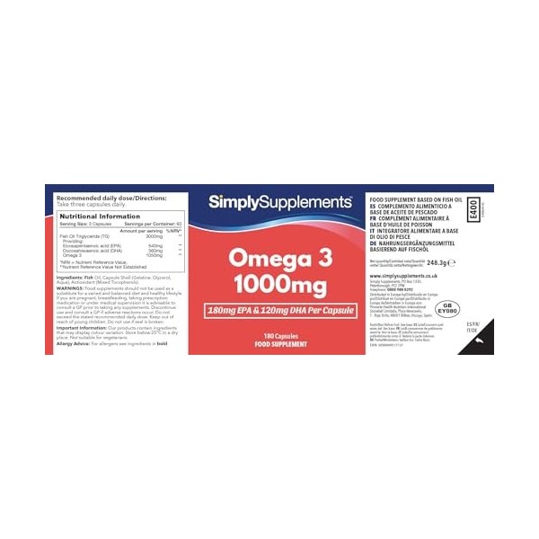 Omega 3 Fish Oil 1000mg gélules | Fournit 540mg dEPA et 360mg de DHA | 360 Softgel gélules à libération rapide - 4 mois dap