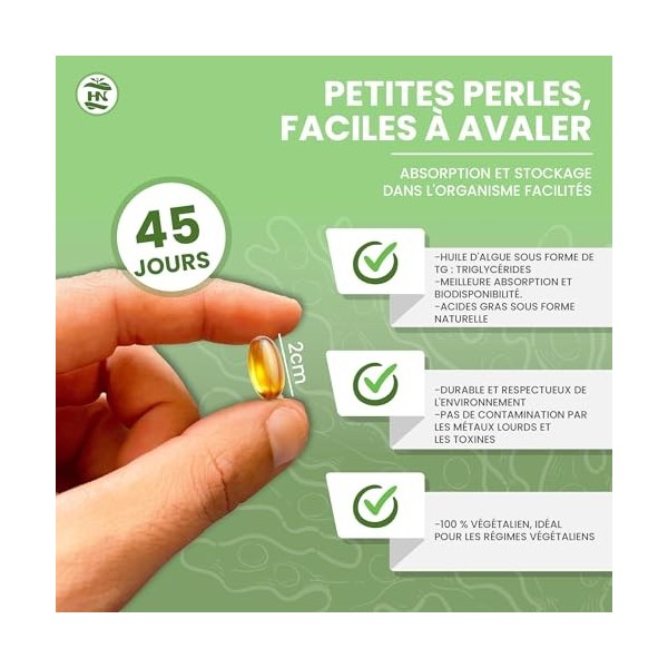Omega 3 Vegan 90 gélules, 45 jours - Huile dalgue oméga 3, haute concentration 500 DHA - 250 EPA - Triglycéride à absorp