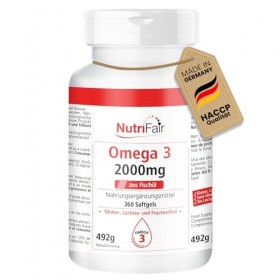 Omega 3-360 softgels - 2000mg dhuile de poisson - avec EPA, DHA & vitamine E - Hautement dosé - Production allemande & tests