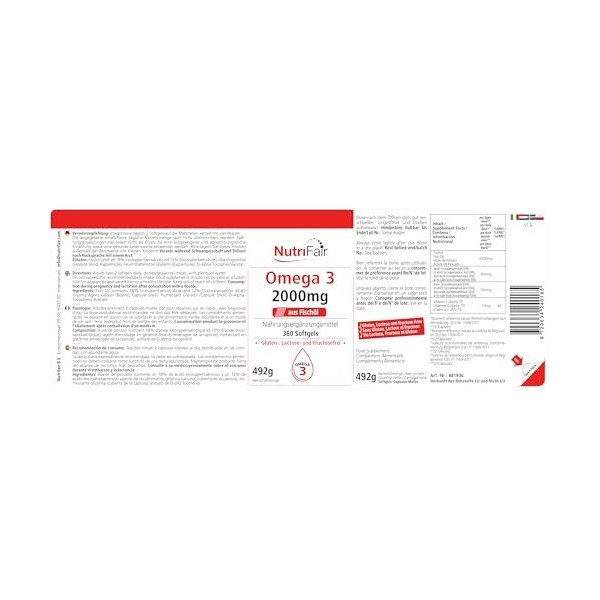 Omega 3-360 softgels - 2000mg dhuile de poisson - avec EPA, DHA & vitamine E - Hautement dosé - Production allemande & tests