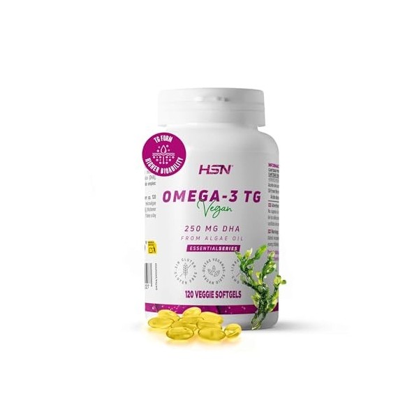 HSN DHA Végétalien 250mg | 120 Capsules Végétales | Oméga-3 Végétalien sous forme de Triglycérides Naturels [TG] | 500mg dHu