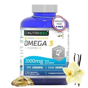 Omega 3 DHA EPA 2000mg 2 gélules - EPA 1000mg & DHA 500mg - Avec Vitamine E et Saveur Vanille - Santé Cœur, Cerveau, Vision