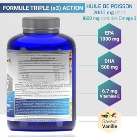 Omega 3 DHA EPA 2000mg 2 gélules - EPA 1000mg & DHA 500mg - Avec Vitamine E et Saveur Vanille - Santé Cœur, Cerveau, Vision