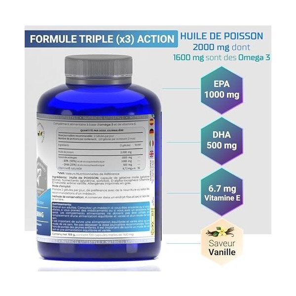 Omega 3 DHA EPA 2000mg 2 gélules - EPA 1000mg & DHA 500mg - Avec Vitamine E et Saveur Vanille - Santé Cœur, Cerveau, Vision