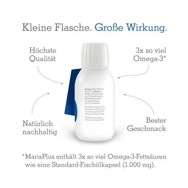 Huile de poisson liquide MarisPlus Omega-3 - saveur citron - Premium DHA & EPA - hautement dosé, triglycérides 100 % naturels