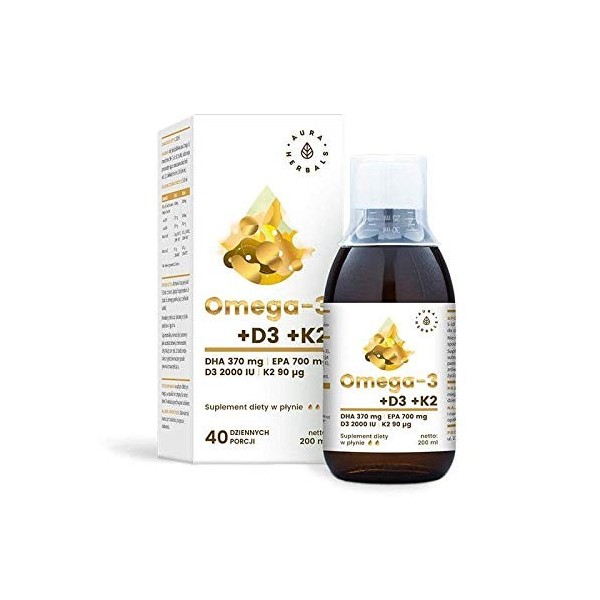 Omega-3 omega 3 370 DHA + D3 D-3 2000IU + K2 K-2MK7 90µg 200 ml AURA HERBALS
