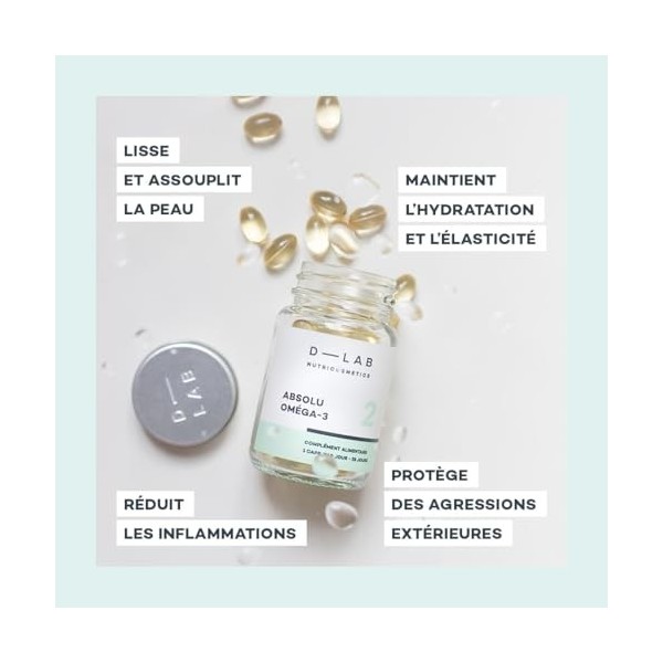 D-LAB Absolu Oméga-3 | 1 Mois de Complément Alimentaire | Favorise la Souplesse et lÉlasticité de la Peau, Réduit les Inflam