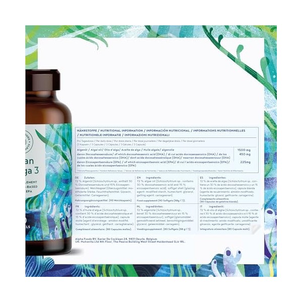 Omega 3 Vegan, Huile de Poissons Sauvages, Haute Concentration. Omega 3 DHA EPA, 90 capsules - Complément Alimentaire, Soutie