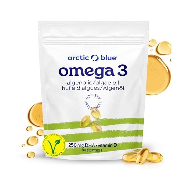 Arctic Blue Oméga-3 Végétal 90 Capsules — 250mg de DHA + 20mcg de Vitamine D3 par Capsule — Huile de Microalgues Durable — 10