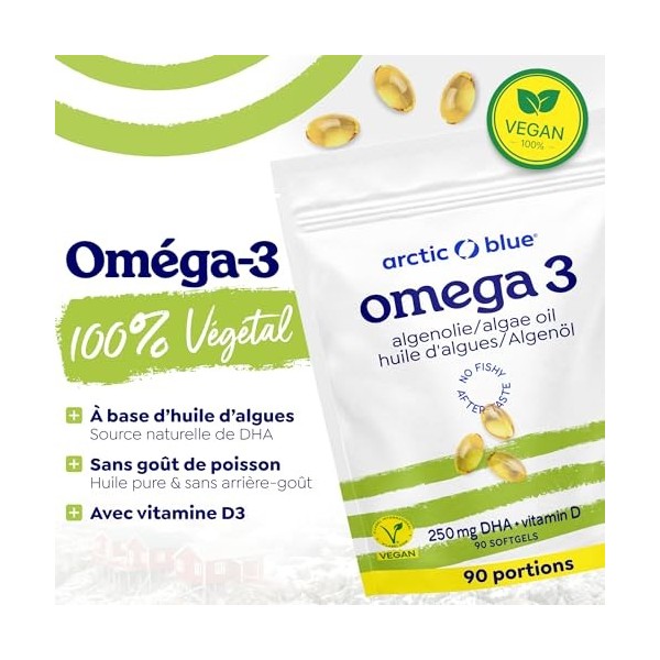 Arctic Blue Oméga-3 Végétal 90 Capsules — 250mg de DHA + 20mcg de Vitamine D3 par Capsule — Huile de Microalgues Durable — 10