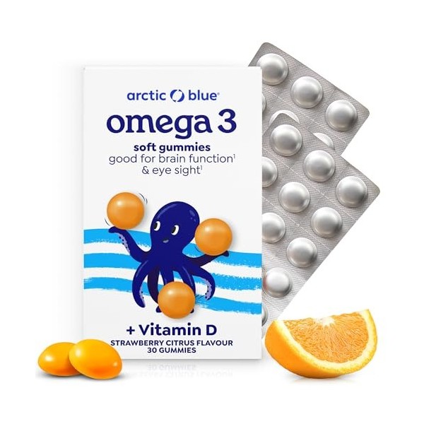 Arctic Blue Oméga-3 Gummies Enfants & Adultes — 250 mg de DHA + 70 mg d’EPA + 10 µg de Vitamine D3 par Gummy — Sans Sucre, Sa
