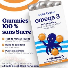 Arctic Blue Oméga-3 Gummies Enfants & Adultes — 250 mg de DHA + 70 mg d’EPA + 10 µg de Vitamine D3 par Gummy — Sans Sucre, Sa