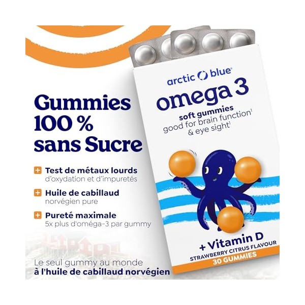 Arctic Blue Oméga-3 Gummies Enfants & Adultes — 250 mg de DHA + 70 mg d’EPA + 10 µg de Vitamine D3 par Gummy — Sans Sucre, Sa