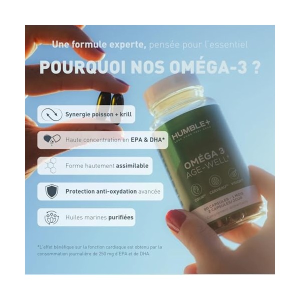 HUMBLE+ oméga-3 age-well - epa & dha concentrés - huiles marines purifiées poisson & krill – soutien cœur, cerveau et vision 