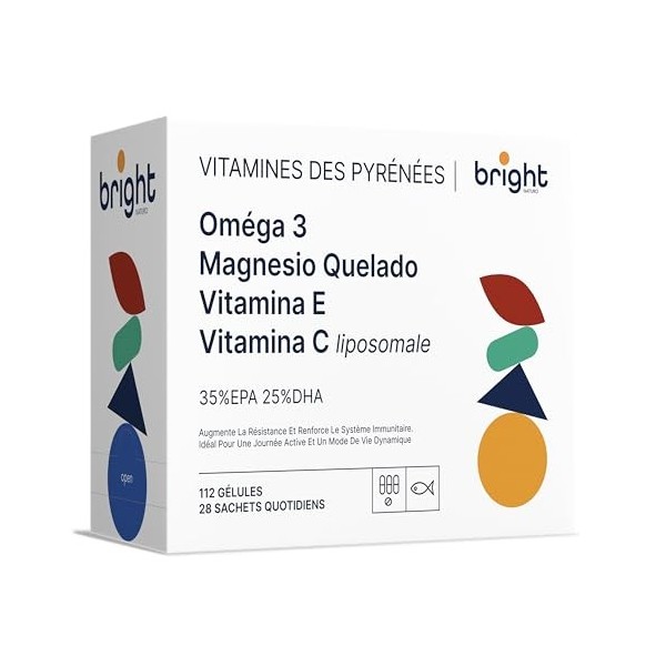 Ensemble: Vitamine C + Oméga-3 + Magnésium + Vitamine E – Hauts Dosages, 100% Naturel | Bright Naturo | 28 Sachets Quotidiens